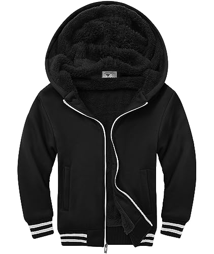 SWISSWELL Boys' Fleece-Lined Hooded Sweatshirt Insulated Zip-up Jacket Long Sleeve Varsity Hoodie for Teens (H2426 Black B, 12-13)