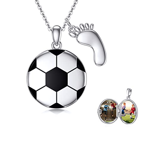 OHAYOO Football Locket Necklace 925 Sterling Sliver Soccer Ball Photo Locket Pendant Necklace World Cup Gifts for Men/Child Never Give Up Spirit Gifts