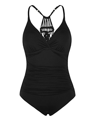 Hilor Women's V Neck Push Up One Piece Swimsuits Macrame Back Swimwear Tummy Control Bathing Suit Black 10