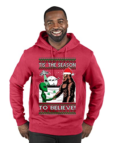 Wild Bobby Bigfoot Tis' The Season to Believe in Conspiracies Aliens Ufo Ugly Christmas Sweater Premium Graphic Hoodie Sweatshirt, Red, X-Large