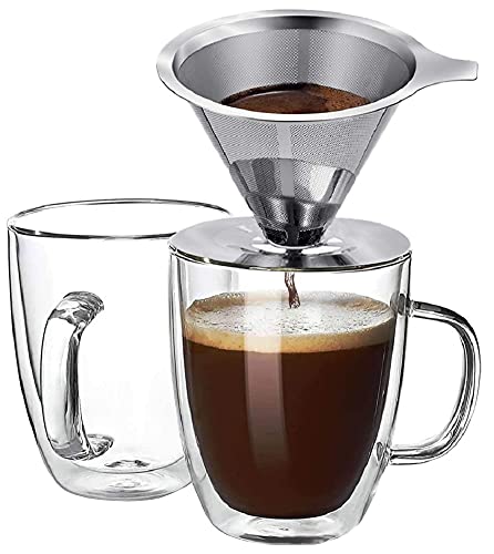 JEZWX Pour Over Coffee Dripper Set with Stainless Steel Coffee Filter and Double Wall Clear Glass Mugs Reusable (2. Filter + 2 Glass Cups)