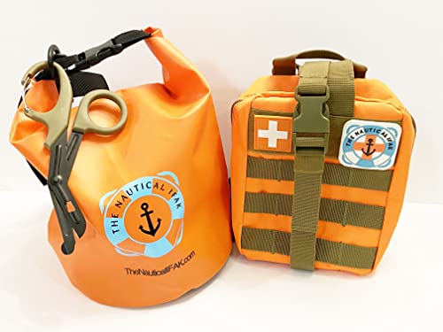 The Nautical IFAK Premium First Aid Kit - Rescue Orange CAT Tourniquet, Trauma PAK, HyFin Vent Chest Seal, Israeli Bandage - Orange, Rip Away Tactical Pouch, 5 Liter Waterproof Dry Bag