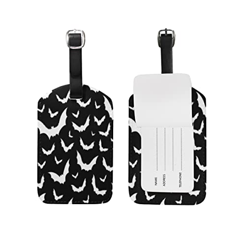 Luggage Tag 2 Pack, Bat Halloween Black White Luggage Tags for Suitcases Women Travel Bag Labels PU Leahter Baggage Tag with Privacy Name ID Card