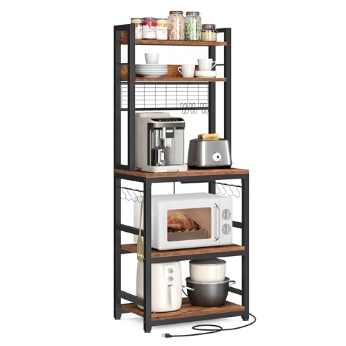 VASAGLE Hutch Bakers Rack with Power Outlet, 14 Hooks Microwave Stand, Adjustable Coffee Bar with Metal Wire Panel, Kitchen Storage Shelf, 15.7 x 23.6 x 66.9 Inches, Rustic Brown and Black UKKS037B01
