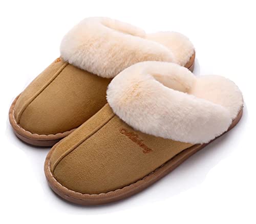 SincereWay Women's Plush Home Slippers Cozy Bedroom Slippers Fuzzy House Indoor Outdoor Slippers(Tan,38-39)