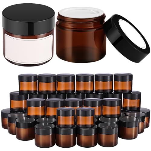 2 oz Small Glass Jars with Lids, Bumobum 48 pack Round Amber Glass Candle Jars with Black Lids, White Labels & Inner Liners, Empty Cosmetic Containers for Cream, Lotion, Slime