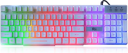Rii RK100+ White Gaming Keyboard,USB Wired Multiple Colors Rainbow LED Backlit Large Size Mechanical Feeling Ultra-Slim Multimedia Office Keyboard Non-Slip for Primer Gaming and Working,Office Device