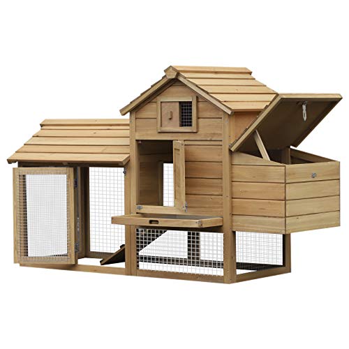 PawHut 59' Small Wooden Chicken coop Hen House Poultry Cage for Outdoor Backyard with 2 Doors, Nesting Box and Removable Tray, Natural Wood