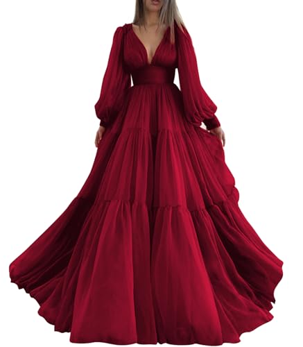 BOLENSYE Burgundy Prom Dresses for Teens 2023 Puffy Sleeve Deep V Neck Ball Gown Parachute Formal Dress US6