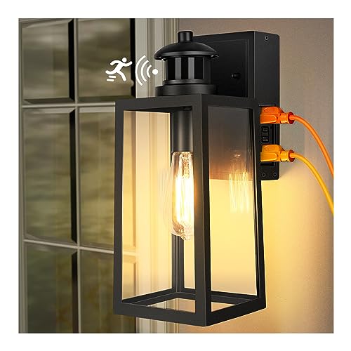 Dusk to Dawn Motion Sensor Outdoor Porch Lights with GFCI Outlet,Waterproof Outdoor Light Fixture,Anti-rust Exterior Wall Lights Wall Mount with 3 Modes,Outside Lights for House,Bulb not Included
