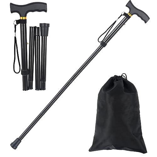 Foldable Walking Cane for Men & Women - Portable Lightweight Cane, Adjustable Height, Anti-Slip Rubber Tip, Includes Storage Bag | Ideal for Seniors & Mobility Aid Users [Black]