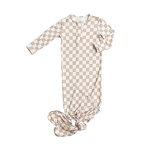 UPTON AVE Checkered Ultra-Soft Knotted Viscose made from Bamboo Baby Gown, Newborn Long-Sleeve Swaddle Wear for Baby Boy or Girl (Oat Checkered)