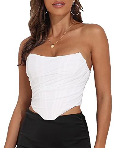Women's Vintage Strapless Open Back Boned Mesh Bustier Zip Back Corset Bodyshaper Crop Top