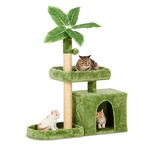 TSCOMON 31.5' Cat Tree/Tower for Indoor Cats with Green Leaves, Cat Condo Cozy Plush Cat House with Hang Ball and Leaf Shape Design, Cat Furniture Pet House with Cat Scratching Posts, Green