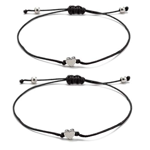 kelistom 2pcs Black String Silver Plated Heart Charm Bracelets for Women Men Teen Girls Boys Handmade Braided Wax Rope Adjustable Bracelet Friendship Jewelry Storage Bag (2pc-Black String)