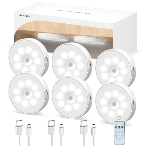 Goodea Led Under Cabinet Lights, Wireless Motion Sensor Rechargeable Light, 1000mAh Puck Lights with Remote, Under Counter Lights for Kitchen,cabinets,Closet,Stairs Indoor (6 Pack)