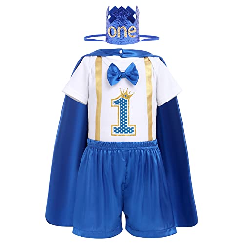 AWIBMK Baby Boys Prince 1st Birthday Cake Smash Outfit Letters Number Print Bowtie Romper + Shorts + Cape + Crown Headband Carnival for Photo Props 4PCS Costume Set Royal Blue Birthday Prince 1T