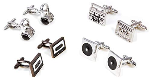 MRCUFF DJ Music Headphones Turntables Cassette Boom Box 4 Pairs Cufflinks w/a Presentation Gift Box & Polishing Cloth