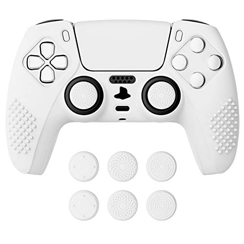 eXtremeRate PlayVital White 3D Studded Edition Anti-Slip Silicone Cover Skin for ps5 Controller, Soft Rubber Case for ps5 Wireless Controller with 6 White Thumb Grip Caps