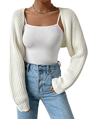 Verdusa Women's Long Sleeve Open Front Knitted Crop Cardigan Sweater Shrug Cream White L
