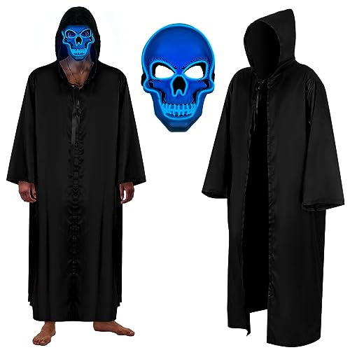 Ramede 2 Pcs Halloween LED Mask Light up Scary Skull Face Cover with Men Tunic Hooded Robe Cloak for Wizard Knight Devil Halloween Cosplay Costumes (Battery Not Included)