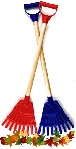 Matty's Toy Stop 30.5' Heavy Duty Wooden Kids Lawn Rakes with Plastic Rake Head & Handle (Red & Blue) Gift Set Bundle - 2 Pack