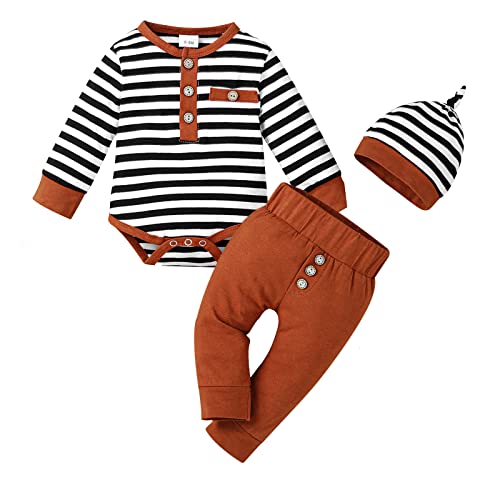 ODASIRA Newborn Baby Boy Clothes Infant Long Sleeve Stripes Romper Fall Winter Outfits Solid Pants 3Pcs Set Orange 0-3 Momths, 0-3 Months