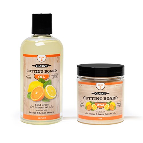 CLARK’S Cutting Board Oil and Wax Kit – Set includes Food Grade Mineral Oil (12oz) and Finishing Carnauba Beeswax (6oz) to Condition and Protect Wood, Enriched with Natural Lemon and Orange Extract