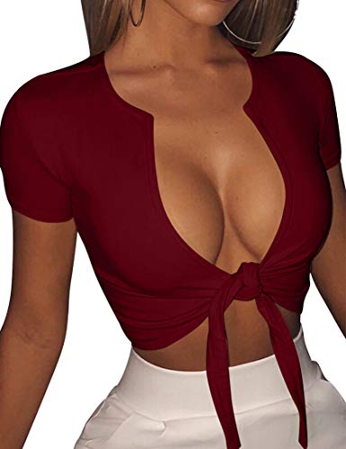 BORIFLORS Women's Sexy Deep V Neck Short Sleeve Tie Up Crop Top Casual Basic T Shirt,X-Small,Wine Red