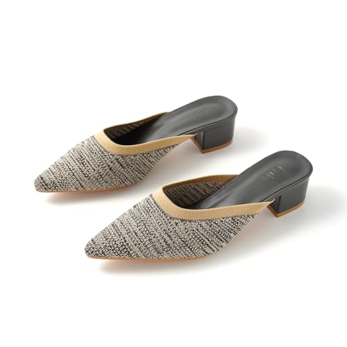 TIJN Heels,Pointed Toe Mules for Momen with Low Heel, Breathable Mesh Knit Slip On Flat Sandals,Helka,7