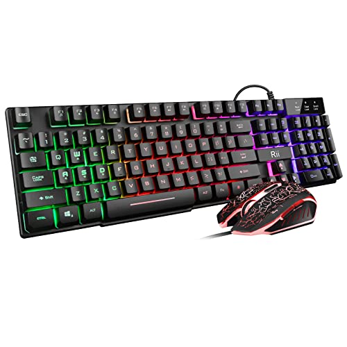 Rii Gaming Keyboard and Mouse Set, Multiple Color Rainbow LED Backlit Multimedia PC Gaming Keyboard,Office Keyboard Colorful Breathing Backlit Gaming Mouse for Working or Primer Gaming,Office Device