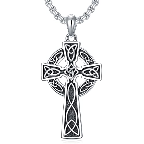 PDTJMTG Irish Cross Necklace for Men Sterling Silver Celtic Knot Cross Pendant with 22”+2” Stainless Steel Chain Shamrock Tree fo Life Gift for Men Women (01-classic-silver)