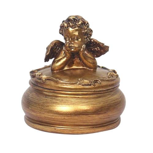 S-MANTIS Vintage Mini Box Antique Trinket Organizer Storage,Hand Painted Ornate Cute Round, Rings Earrings Box With Stereoscopic Embossed Cherub Figurine And Decorated Lid Gift (Antique Gold-Mini)