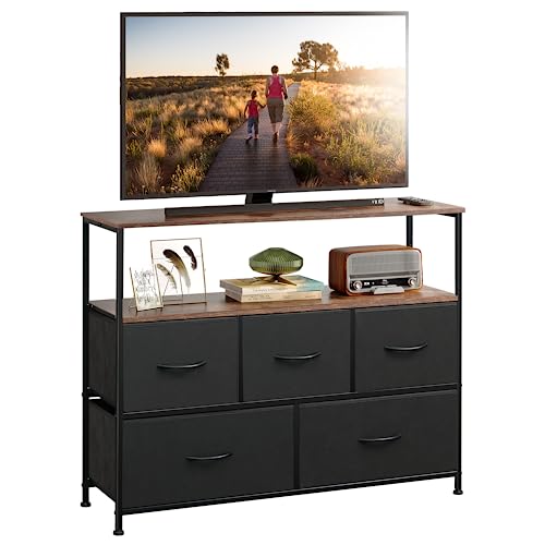 WLIVE Dresser TV Stand, Entertainment Center with Fabric Drawers, Media Console Table with Open Shelves for TV up to 45 inch, Storage Drawer Unit for Bedroom, Entryway, Black and Rustic Brown