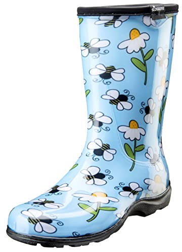 Sloggers Waterproof Garden Rain Boots for Women - Cute Mid-Calf Mud & Muck Boots with Premium Comfort Support Insole, (Bee Light Blue), (Size 8)