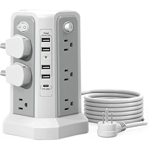 Surge Protector Power Strip Tower with USB C Port(PD18W),10FT Extension Cord with 12 AC Outlets 5 USB Charging Ports, PASSUS Power Tower Surge Protection for Home Office DormRoom