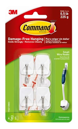 Command Small Wire Toggle Hooks, Damage Free Hanging Wall Hooks with Adhesive Strips, No Tools Wall Hooks for Organization in Living Spaces, 4 White Hooks and 5 Command Strips