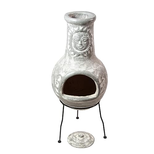Medium Chiminea Outdoor Fireplace Grey –Clay Chimineas with Chimney Rain Lids and Solid Metal Stands - Grey Terracotta Chimenea – Rustic Fire Pit Chimnea 16 x 16 x 32-inch