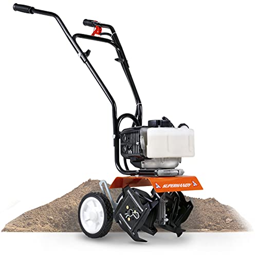 SuperHandy Mini Tiller Cultivator Super Duty 3HP 50cc 2 Stroke Gas Motor 4 Premium Steel Adjustable Forward Rotating Tines for Garden & Lawn, Digging, Weed Removal & Soil Cultivation