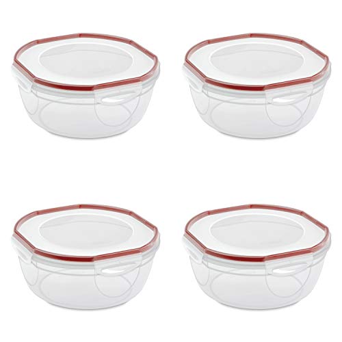 Sterilite Ultra-Seal 4.7 Qt Bowl, Large Airtight Food Storage Container, Latching Lid, Microwave and Dishwasher Safe, Clear With Red Gasket, 4-Pack