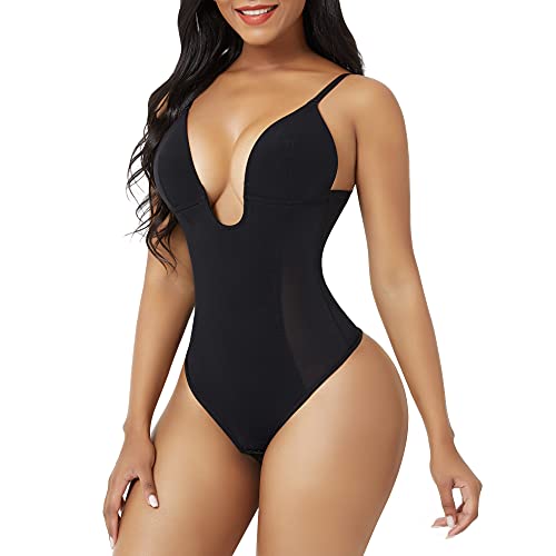 FeelinGirl Shapewear Bodysuit Waist Trainer for Women Deep V Neck Jumpsuit Body Shaper Thong Tummy Control Tank Top Black S