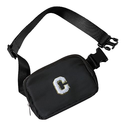 COSHAYSOO Small Initial Waist Fanny Pack Belt Bag with Chenille Letter Patch for Women Men Teen Girl Boy Travel Running Christmas Birthday Gifts, Mini Preppy Fashionable Cross body Pouch Black (C)