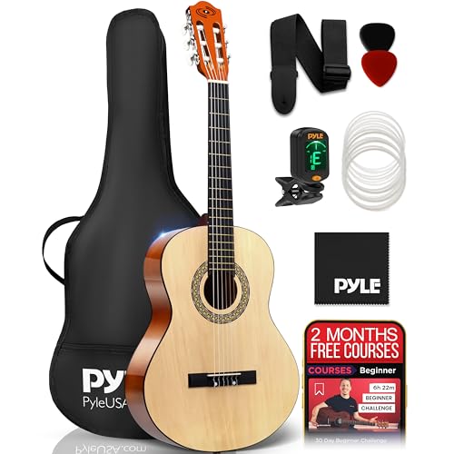 Pyle Beginner Acoustic Guitar Kit, 3/4 Junior Size All Wood Instrument for Kids, Adults, 36' Natural Ash