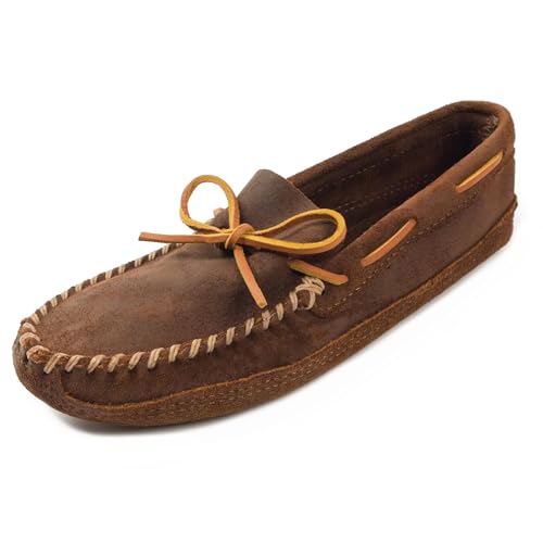 Minnetonka Men's Suede Moccasin Slippers, Double Bottom Softsole Slip-on, Brown Ruff 11.5 M