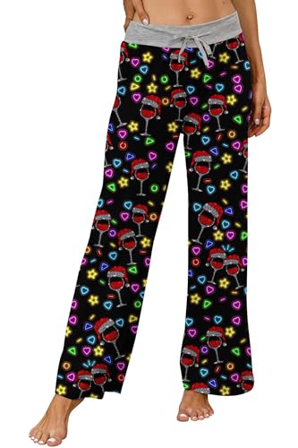 ALISISTER Women Christmas Pj Pants Xmas Wine Glasses Santa Hat Wide Leg Pajama Bottoms Soft Drawstring Holiday