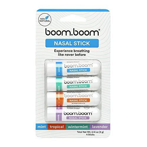 Boom Boom Nasal Stick (4 Pack) | Boosts Focus + Enhances Breathing | Provides Fresh Cooling Sensation | Aromatherapy Inhaler Made with Essential Oils + Menthol (Mint, Wintermint, Tropical, Lavender)