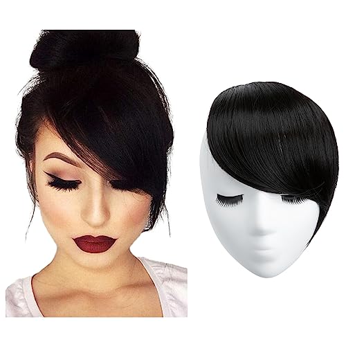 SARLA Side Hair Bangs Clip in Off Black One Piece Straight Synthetic Bangs Extension for Women