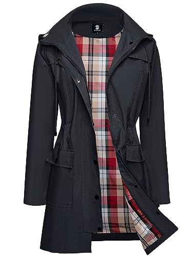 SaphiRose Women's Waterproof Rain Jacket Lightweight Raincoat Hooded Windbreaker Trench Coat (Black,Medium)