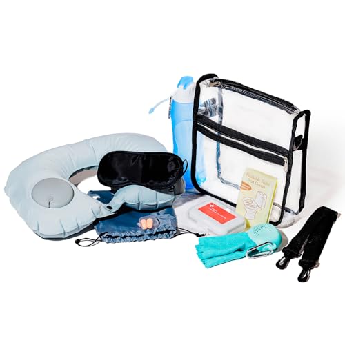 Travel Essentials Combo: Clear Bag for Stadium Events, Collapsible Water Bottle, Microfiber Towel, Pill Organizer, Plus Comfort Set of Travel Pillow, Eye Mask and Ear Plugs, and Toilet Seat Covers!