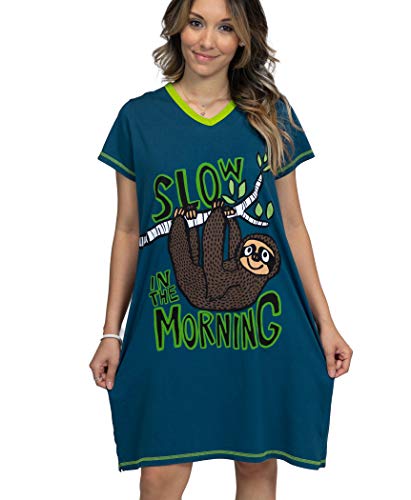 Lazy One Women's Nightgown, Funny V-Neck Sleep Shirt for Women (Slow in the Morning, L/XL)